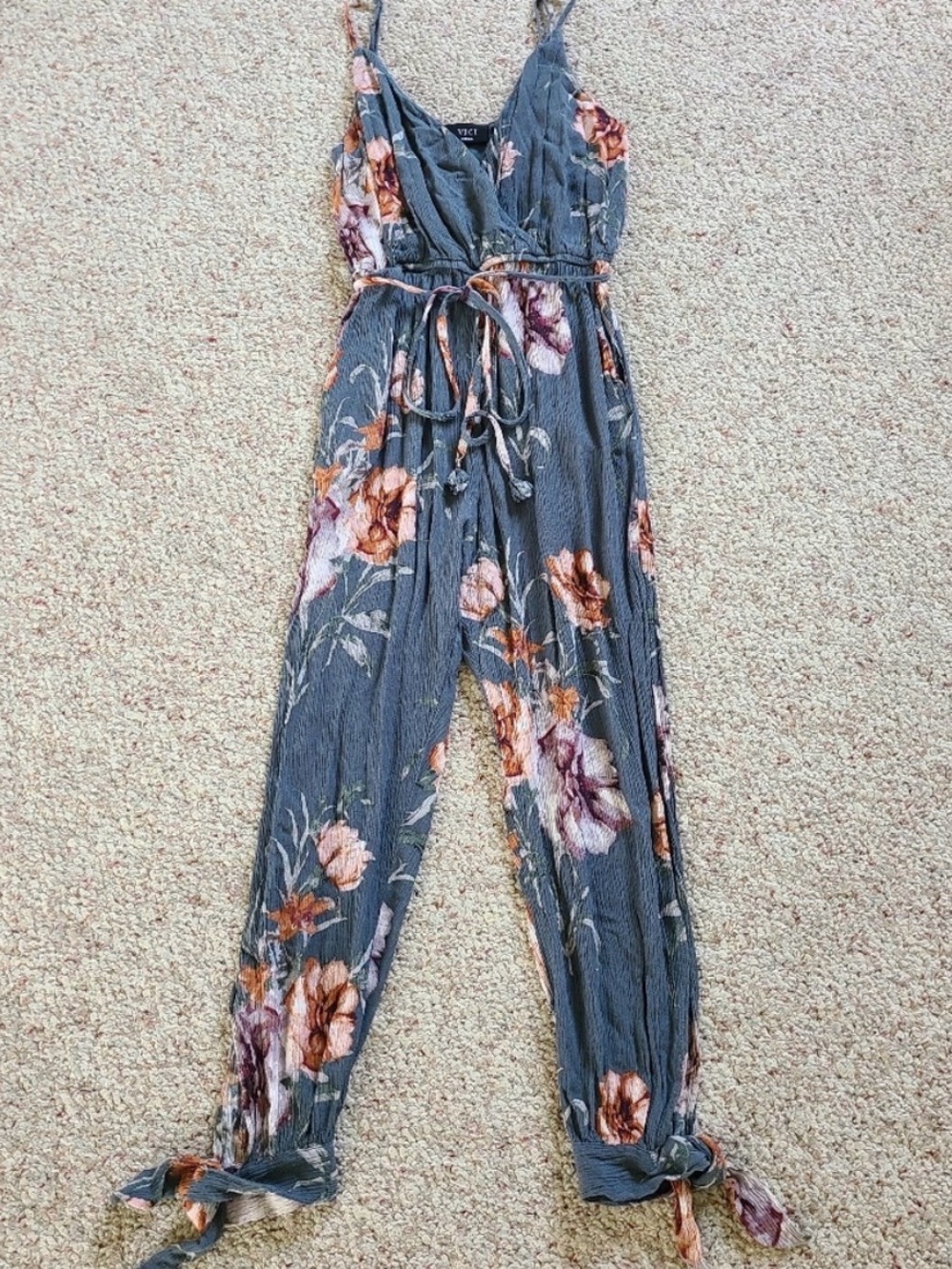 Vici Slate Blue Floral Tie-Waist Jumpsuit